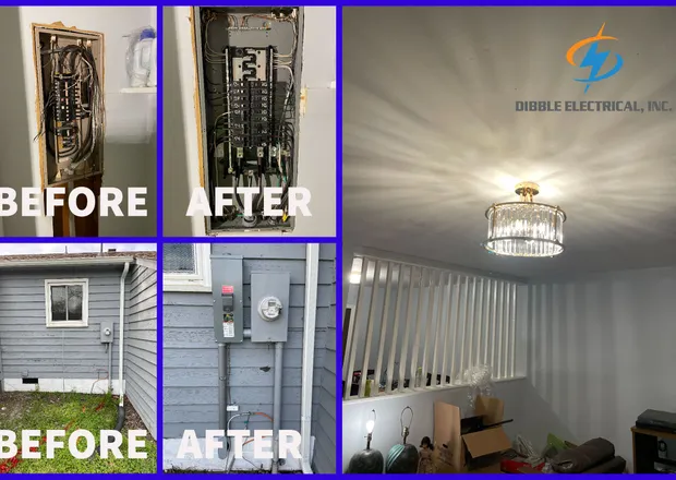 Before and after emergency electrical panel and service repair by Dibble Electrical